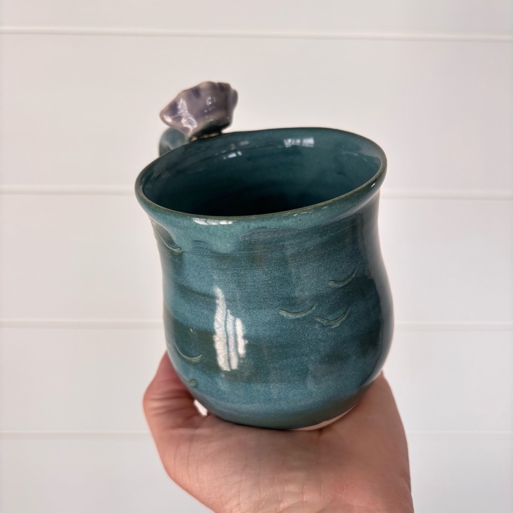 Handmade Teal Ocean Waves Ceramic Mug with Oyster and pearl Accent On Handle - Picture 7 of 11